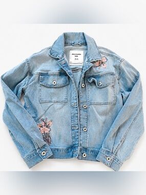 abercrombie kids light blue denim jacket with pink floral embroidery